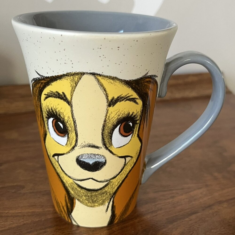 Disney Store Lady and the Tramp Tall Mug 16 Oz Coffee Cup Sketch Gray 2017 Dogs
